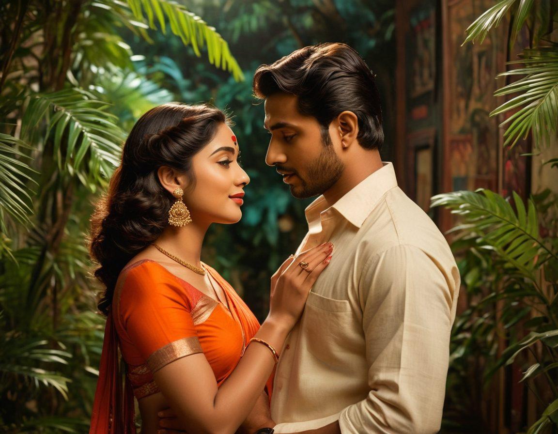 A captivating scene featuring a vintage Bengali film set, showcasing a passionate embrace between two lovers surrounded by lush, exotic flora. Their expressive faces highlight deep emotions, with soft romantic lighting casting a warm glow. In the background, classic film reels and vibrant posters adorn the walls, blending art and cinema. The overall ambiance should evoke a sense of nostalgia and sensuality. super-realistic. vibrant colors. cinematic style.