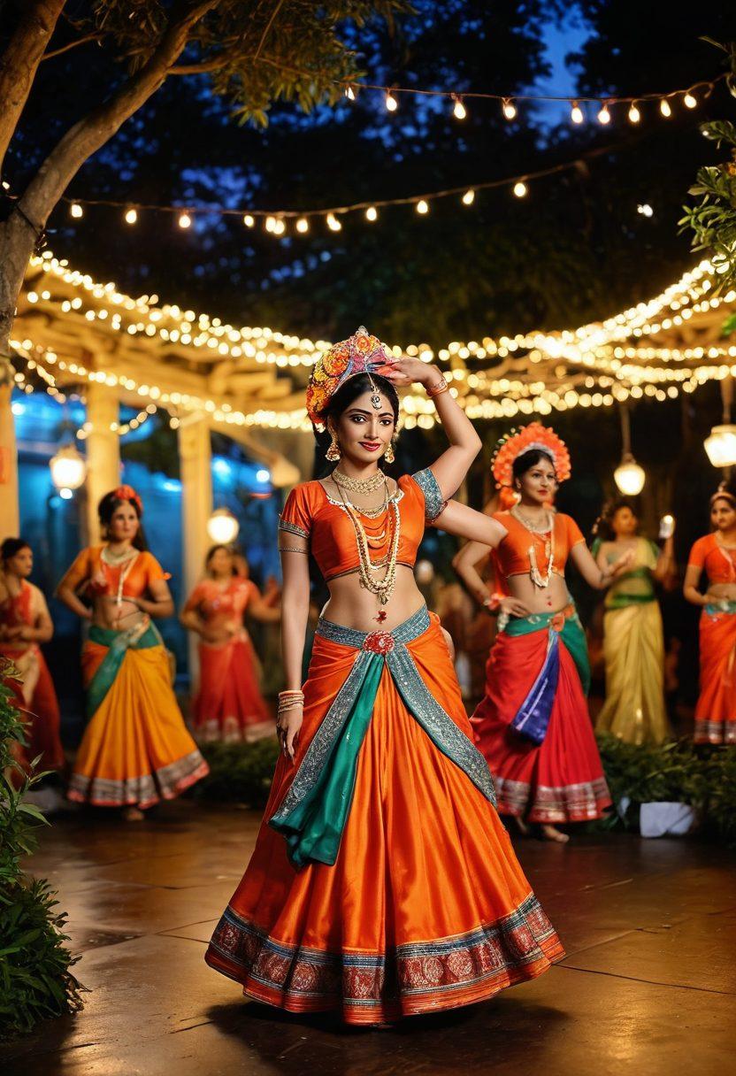 A vivid scene showcasing a lively Bengali cultural festival, with traditional dancers in colorful attire performing under twinkling fairy lights. In the foreground, a graceful artistic representation of erotic sculptures reflecting the essence of Bengali art and heritage. Incorporate elements like lush greenery and decorative motifs. The atmosphere should be rich with vibrant colors, evoking warmth and allure. surrealistic. vibrant colors. detailed textures.